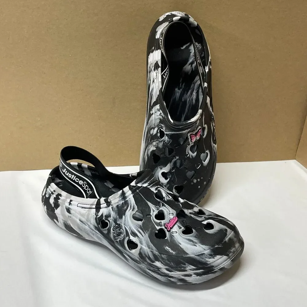 Justice Sport Marbled Heart Clogs Black White Slip-On Shoes Butterfly Charms